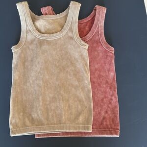 Womans Ribbed Tank Tops - Red and Tan L/XL set of two tops